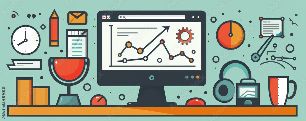 Poster a computer monitor with a graph on it and a clock on the left side. the monitor is surrounded by var