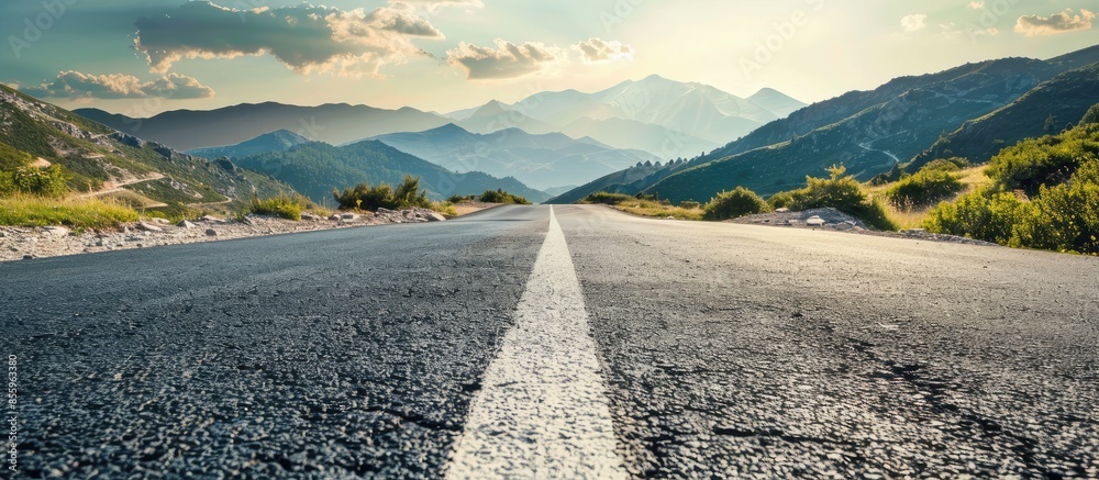 Sticker asphalt road in the mountains with soft sky on the background. copy space image. place for adding te