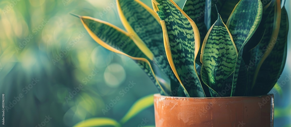 Wall mural closeup of snake plant in a pot. copy space image. place for adding text and design
