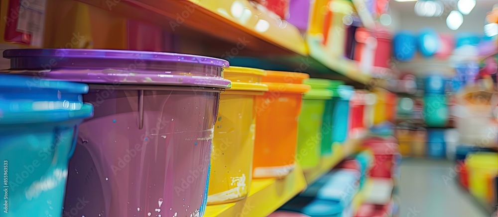 Poster abstract blurred color bucket on shelves. copy space image. place for adding text and design