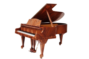 Elegant grand piano with open lid, showcasing intricate wooden design and craftsmanship, perfect for musical performances and classical settings.