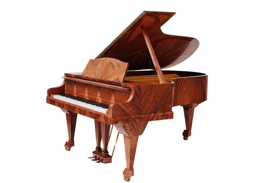Elegant grand piano with open lid, showcasing intricate wooden design and craftsmanship, perfect for musical performances and classical settings.