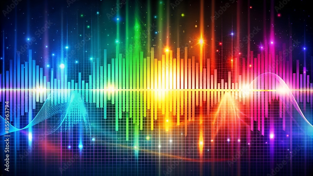 Wall mural Abstract multicolored background with digital waves and dynamic audio equalizer in colorful motion with pulse and rhythm.