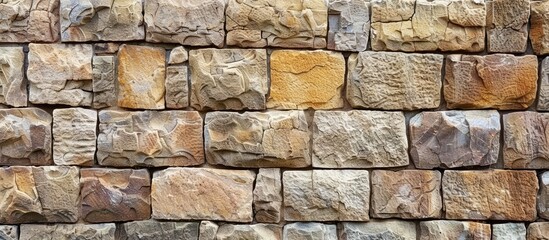 Fototapeta premium Old sandstone wall. An old inlaid wall of sandstone. Background from beautiful old sandstone. Copy space image. Place for adding text and design