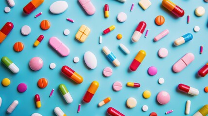 Assorted medication on colorful background
