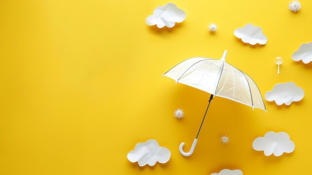 Creative Minimalist Design with White Umbrella and Clouds on Yellow Background, Generative AI