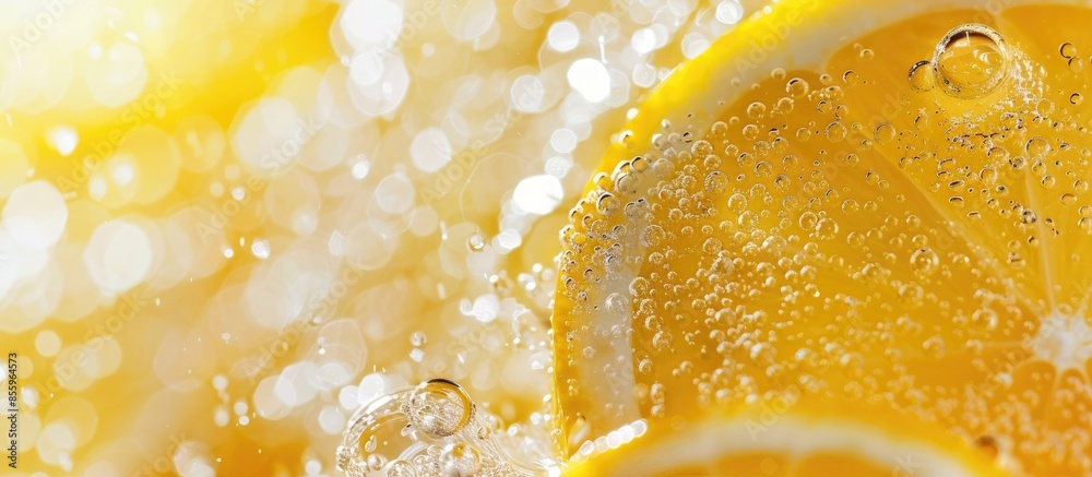 Poster lemon slice drop in fizzy sparkling water, juice refreshment. copy space image. place for adding tex