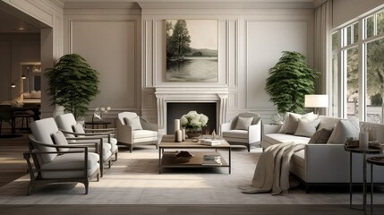 Modern Living Room with Fireplace, Art, and Plants in a Cozy Setting