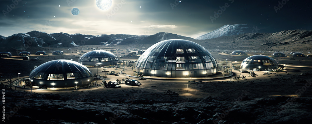 Wall mural Futuristic Lunar Base With Three Domes and Connected Walkways