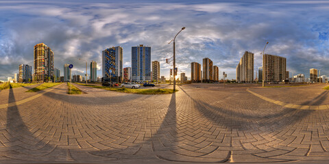 hdri 360 panorama on pedestrian road near new skyscrapers and residential complex after rain and...
