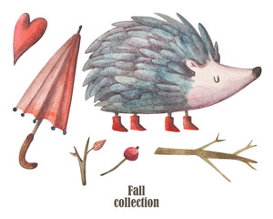 Cozy autumn elements hand painted set. Cold weather clipart collection