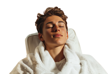 Young man relaxing in a spa, wearing a white bathrobe, and enjoying a calming facial treatment with eyes closed.