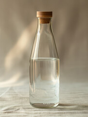 A glass bottle with cork lid, partially filled with water.