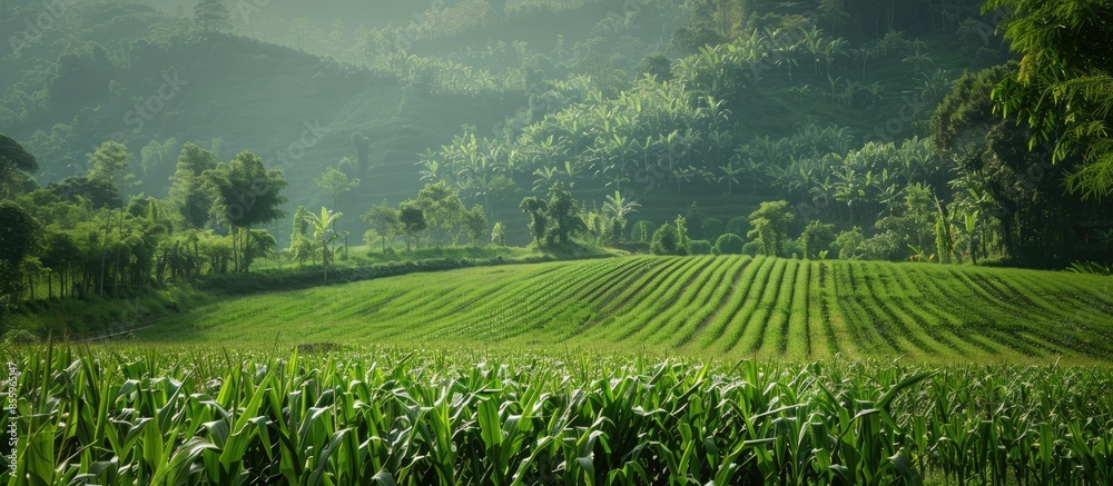 Sticker The green view of the natural environment with cornfields and forests during a beautiful day. Landscape scenery of beautiful agricultural nature. Copy space image. Place for adding text or design