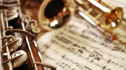 Naklejka premium Various musical instruments lie on sheet music of a symphony