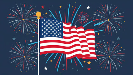 A poster for Independence Day of USA with a flag and some fireworks in the background