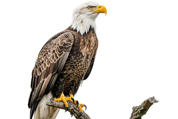 Fototapeta premium A majestic bald eagle perched on a branch, showcasing its sharp yellow beak and striking plumage against a clear background.