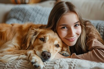 Smiling girl lying with her dog on the sofa looking at camera relaxed
