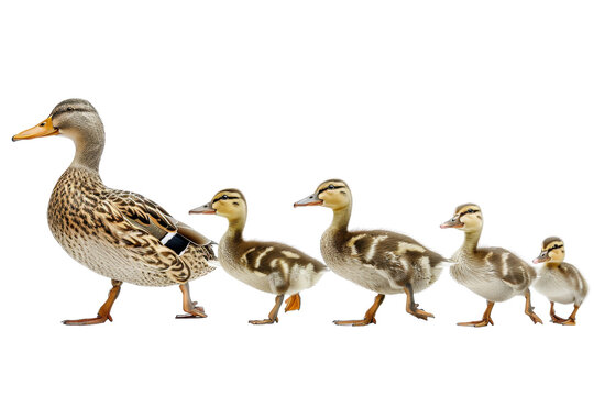 A mother duck leading her ducklings in a row, showcasing family and togetherness in nature.