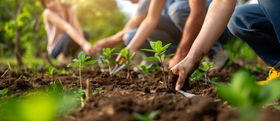 This picture shows volunteers planting trees in a community park, with young saplings and gardening tools in the foreground, green initiatives, reducing carbon footprints
