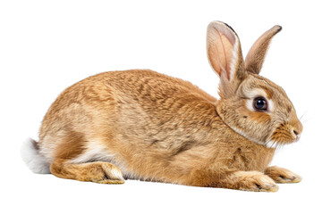 Obraz premium Close-up of a brown rabbit lying down against a transparent background. The rabbit appears calm and relaxed, with detailed fur and alert eyes.