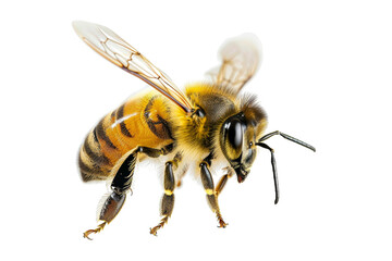 Close-up of a detailed bee with translucent wings and striped body isolated on a transparent background.