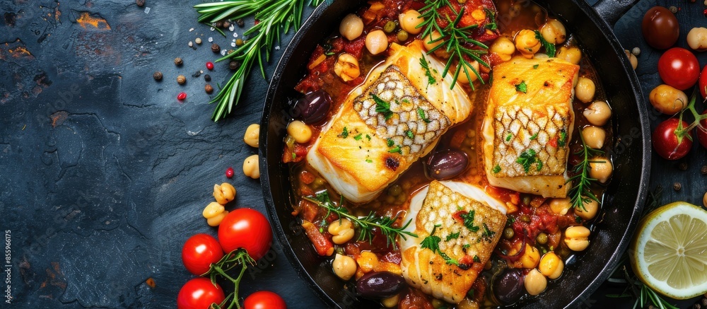 Wall mural Cod stew with chickpeas, cherry tomatoes and olives in cast iron pan over dark stone background. Top view, flat lay. Copy space image. Place for adding text or design - Wall murals