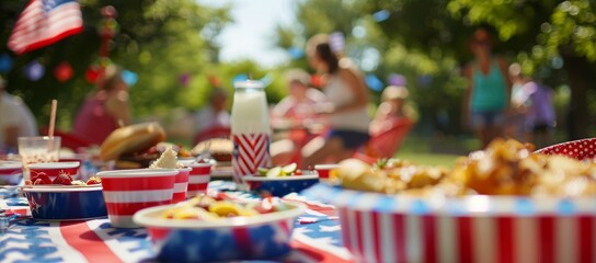 Naklejka premium The scene depicts a festive outdoor setting with a table laden with American fare, decorated in red, white, and blue, Memorial Day, Independence Day