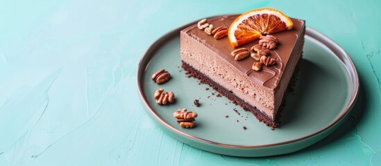 Whole marble chocolate mousse cake decorated with blood orange slices and nuts in chocolate on moss green plate on isolated on pastel background. Copy space image
