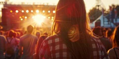 A woman stands in a crowd of people at a concert. The sun is shining brightly, creating a warm and inviting atmosphere. The woman is wearing a plaid shirt