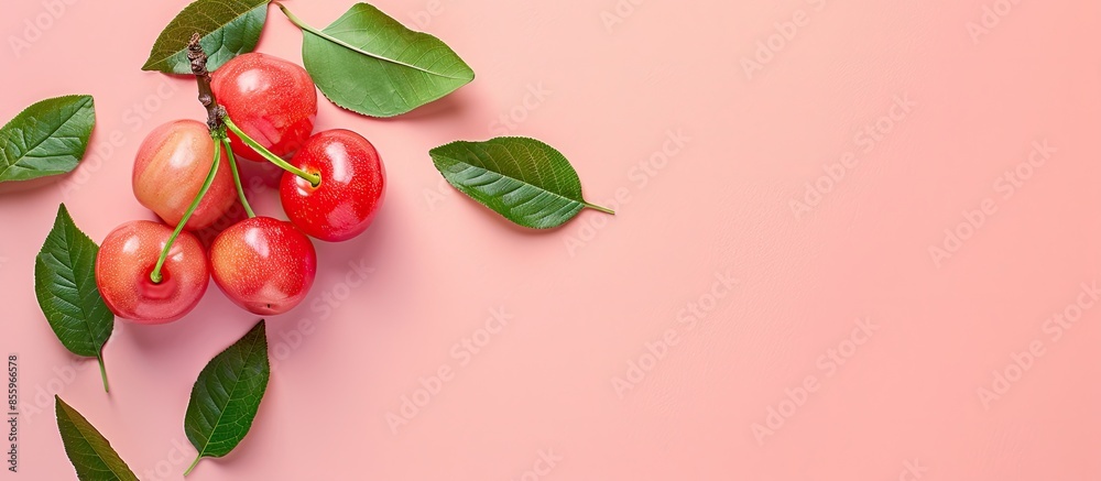 Wall mural acerola cherry with green leafs isolated on pastel background.with clipping path. copy space image. 
