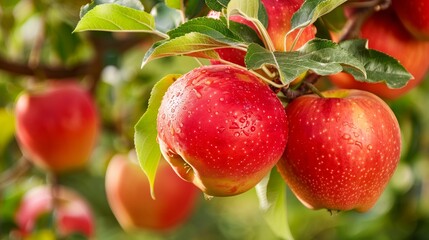 fresh, healthy and ripe red apples hanging on a branch of an apple tree