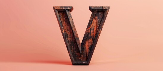 Rough edged wooden uppercase or capital letter V in a  with a dark red brown color wood grain textured surface and jagged font style isolated on a pastel background with clipping path