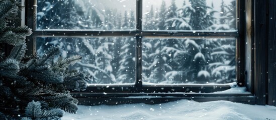 snowy firs in front of a window. Copy space image. Place for adding text and design