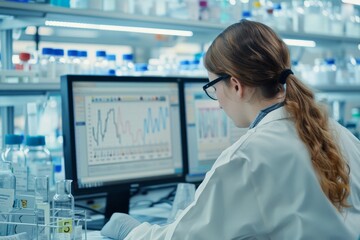Analyzing Chemical Results: Chemist Examining Data on Computer Screen in Laboratory Setting