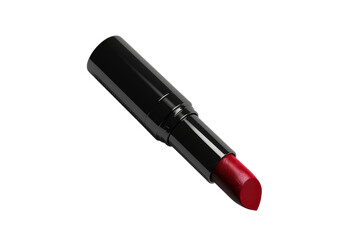 Obraz premium Red lipstick with a sleek black case isolated on a transparent background. Perfect for makeup, beauty, and cosmetic themed designs.