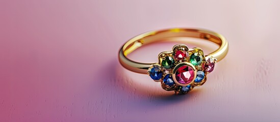 beautiful ring with gems and enamel isolated on pastel background. Copy space image. Place for adding text and design