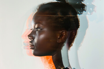 Portrait of young beautiful black woman, double exposure effect