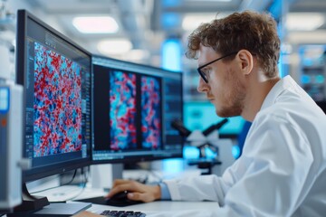 Fototapeta premium Biologist Analyzing Sample with Digital Microscope and Detailed Images on Computer Screen