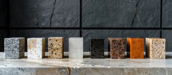 Elegant stone samples of kitchen and bathroom countertops stands on black surface