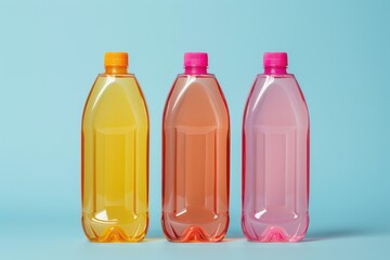 Detergent or Cleaner product bottles are lined up on a blue background