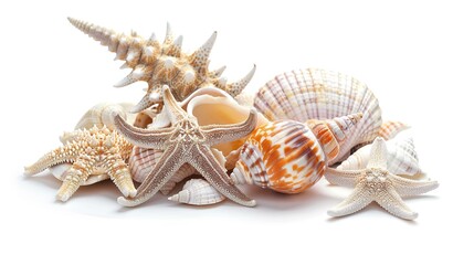 Obraz premium Bunch of shells and starfish isolated on white background