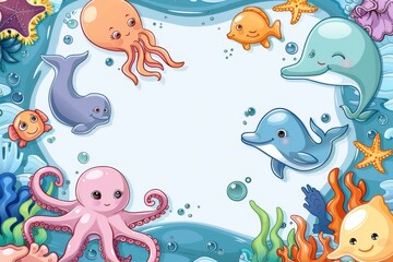 A colorful underwater scene with a frame of various sea creatures including a do