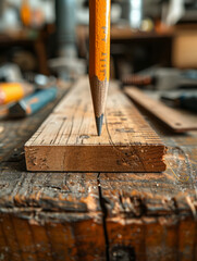 Pencil standing on a piece of wood in a workshop.