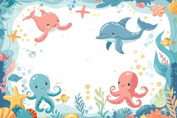 Obraz premium A colorful underwater scene with a frame of various sea creatures including a do