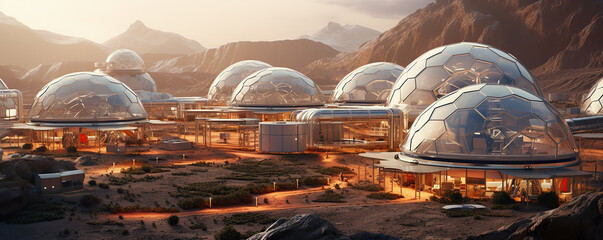 Futuristic Martian Habitation Domes Under a Dusty Red Sky