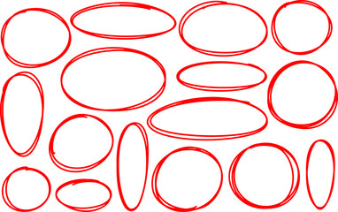 Drawn pen line oval set. Hand drawn marker stroke style doodle oval frame. Scribble round frame for text highlight. Vector illustration set.