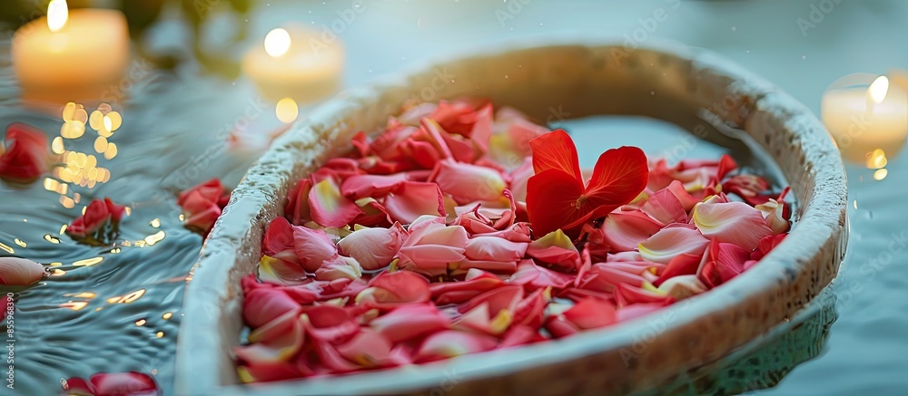 Sticker Heart shaped petal bath with flowers romantic. Copy space image. Place for adding text and design