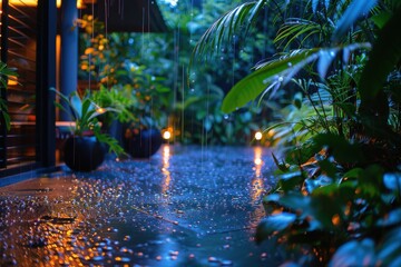 Fototapeta premium A beautiful garden with a fountain and a patio area. Rainy Season