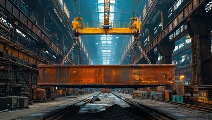 Fototapeta premium Industrial Crane Lifting a Metal Beam in a Factory